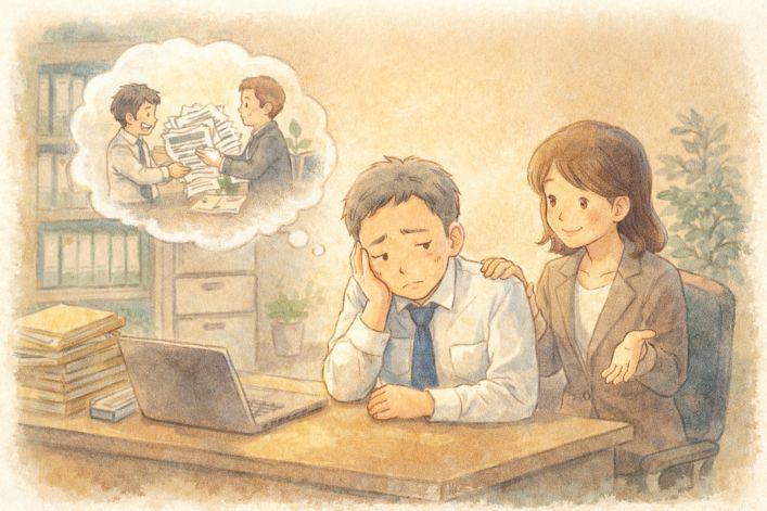 退職時の年次有給休暇の消化や買い取り対応に悩む会社担当者と、助言する専門家を表したイラスト
