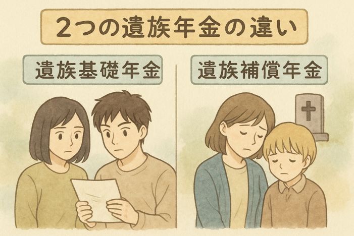 遺族基礎年金と労災遺族補償年金の違いを示したイラスト。左は書類を確認する夫婦、右は労災による死亡を想起させる親子の場面。