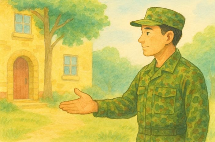 退職自衛官が企業との新たな一歩に向けて手を差し出しているイメージイラスト