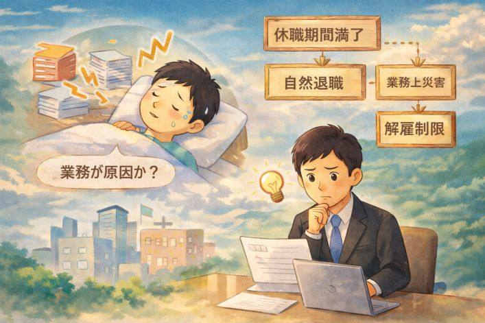 業務上災害と休職期間満了・自然退職の判断を示すイラスト