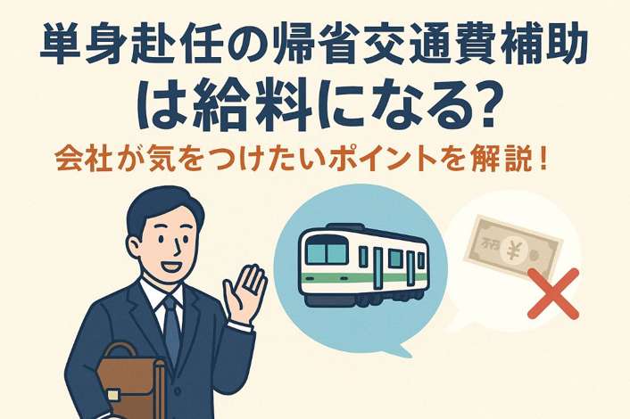 単身赴任者の帰省交通費補助が給与扱いになるかをテーマに、スーツ姿の男性と電車のイラストで会社が注意すべきポイントを示した説明用イラスト