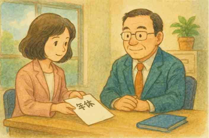 年次有給休暇の申請書を前に、承認制による運用について社会保険労務士が企業担当者に説明しているイラスト。
