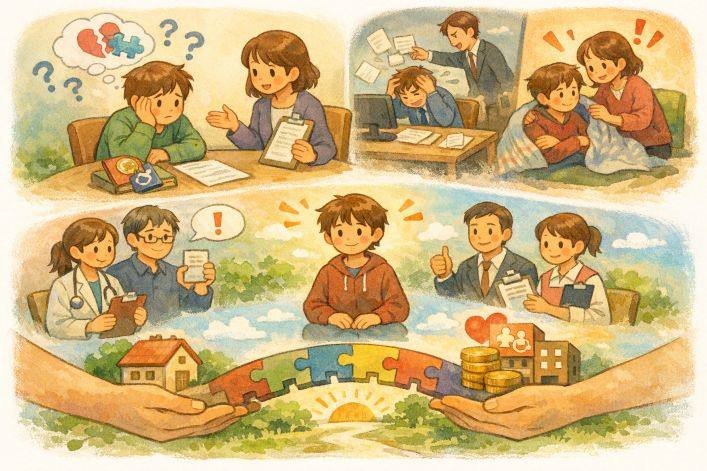 発達障害により生活や就労で支援が必要となる状況と、専門家と相談しながら障害年金を検討する流れを表したイラスト