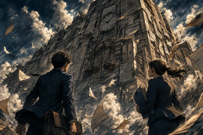 無期転換申込権が発生した有期契約労働者について、会社が労働条件通知書や就業規則を確認している様子を表した労務管理のイメージ