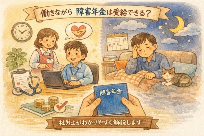 就労しながら障害年金の受給が検討される状況を、働く場面と休養する場面の対比で表したイラスト