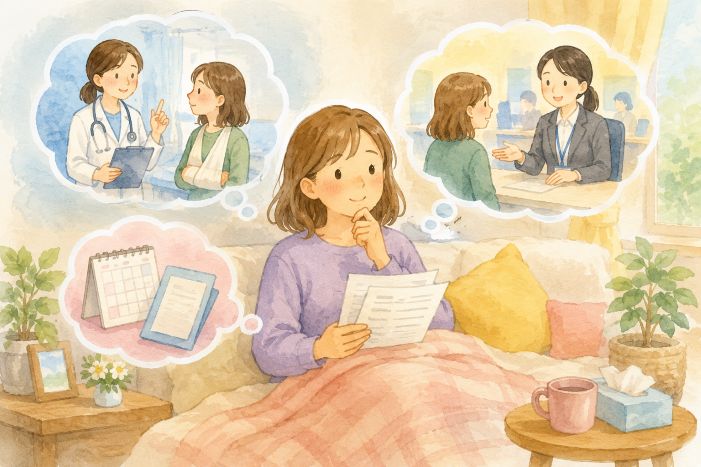 雇用保険の傷病手当について、病気やケガで求職活動が難しい人が医師やハローワークの支援を受けながら手続きを確認している絵本風イラスト