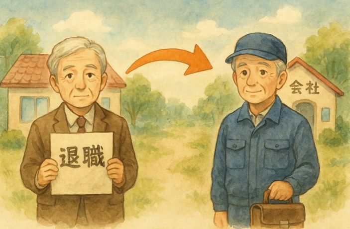 定年退職後に再雇用される高齢者と、60歳定年から65歳定年への変更をイメージしたイラスト。