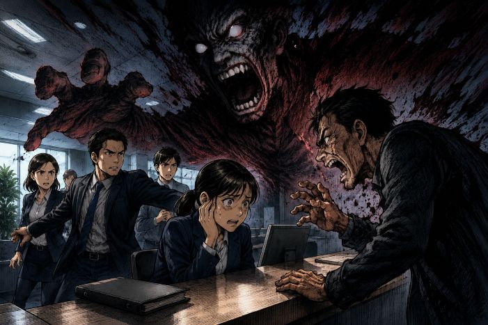 カスタマーハラスメントを象徴する巨大な影に対し、受付担当者を上司や同僚が組織的に守る様子を描いたイラスト