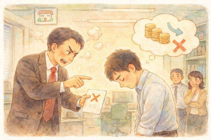上司が従業員を注意し、懲戒や減給の扱いに悩む職場の場面を描いたイラスト