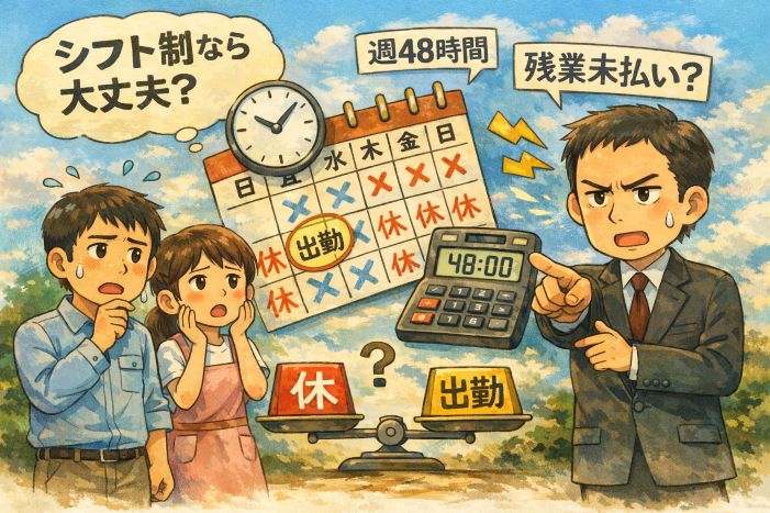 シフト制勤務で休日出勤が続き週48時間労働となり、残業未払いになるのではと悩む従業員と、労働時間の扱いを指摘する上司を描いたイラスト