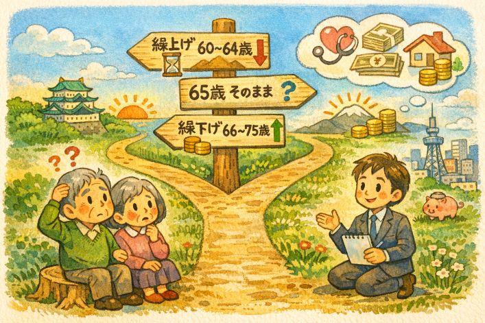 老齢年金の繰上げ受給・65歳受給・繰下げ受給で迷う高齢夫婦に、社労士が選択肢を説明しているイラスト