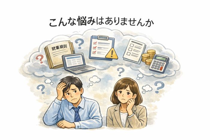 就業規則や労務管理の悩みを抱える担当者のイラスト。