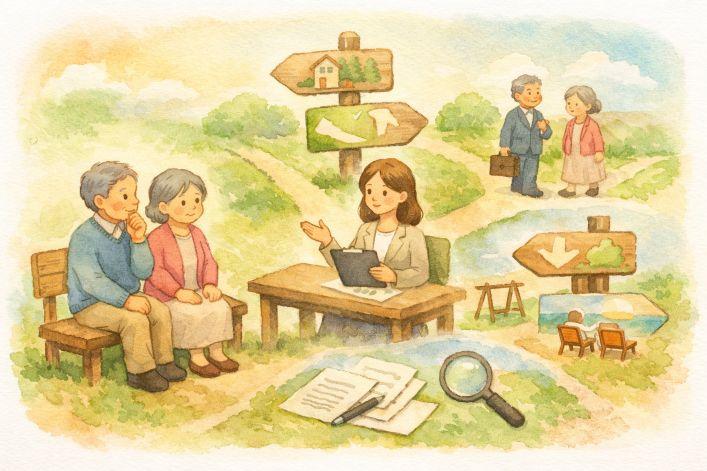 老齢年金の請求時期について、社労士が高齢夫婦に相談対応し、将来の選択肢を一緒に整理している様子を描いたイラスト