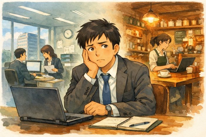 有休中に副業をする会社員のイメージイラスト。オフィス勤務とカフェでの副業の対比を描写。