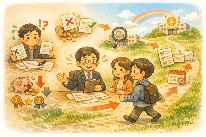 障害年金の請求について社会保険労務士が申請者と相談し、書類準備や手続きを支援している様子のイラスト