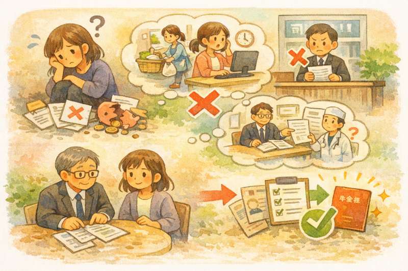 うつ病による障害年金請求で、不支給となる理由や審査の考え方を整理して示したイラスト