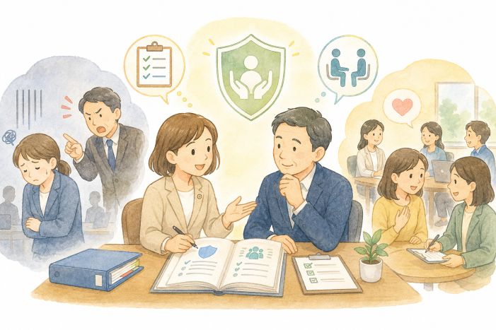 ハラスメント対策として、職場での相談対応、就業規則の整備、被害防止の仕組みづくりを話し合う事業主と社会保険労務士の絵本風イラスト
