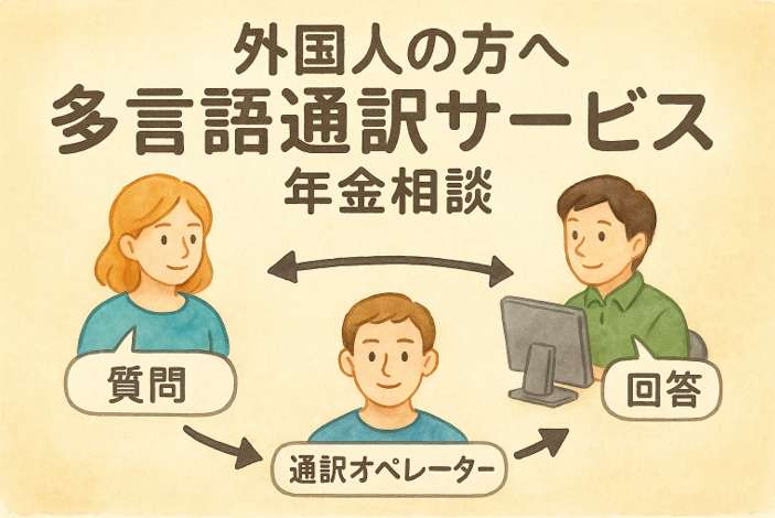 外国人の方向けに、年金相談で多言語通訳サービスを利用して質問と回答を行う仕組みを示したイラスト。