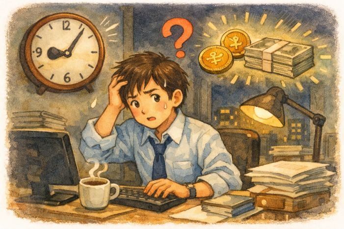 残業代が必要か迷う会社員が、時計とお金のイメージに囲まれて悩んでいるイラスト