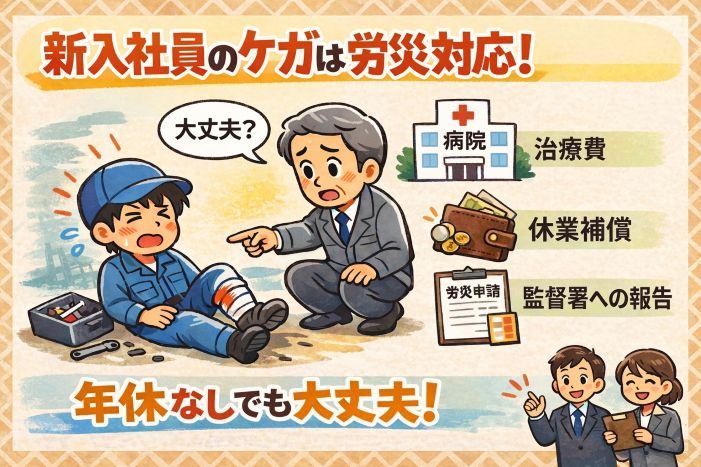 新入社員の業務中災害に対する労災対応をわかりやすく示したイラスト。治療費、休業補償、監督署への報告、年休なしでも対応できる点を紹介。
