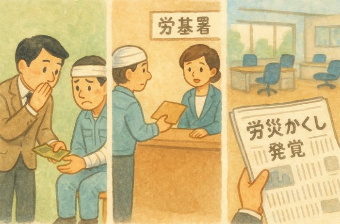 労災かくしが発覚し、労働基準監督署で事情説明を受ける労働者と企業関係者、送検や発覚後の流れを示すイラスト
