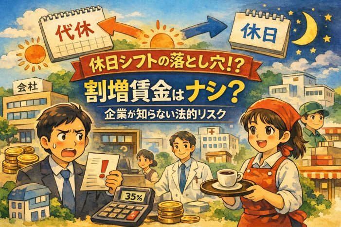 シフト制における休日出勤と割増賃金の法的リスクを解説するブログのアイキャッチ画像