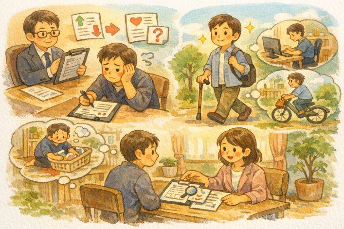 障害年金の更新時に、日常生活状況や活動内容の変化を踏まえて等級が見直される流れを表したイラスト