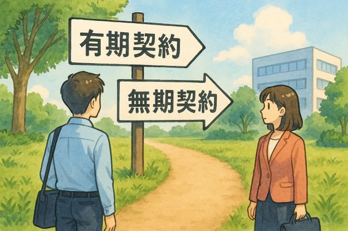 有期契約と無期契約の分かれ道で立ち止まり、雇用形態の違いに悩む労使のイメージイラスト