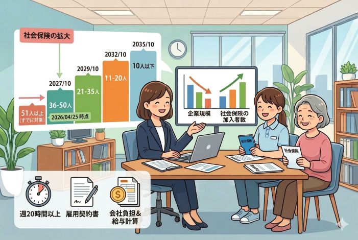 社会保険適用拡大について、事業主が社労士に相談し、対象者や保険料負担を確認しているイメージ