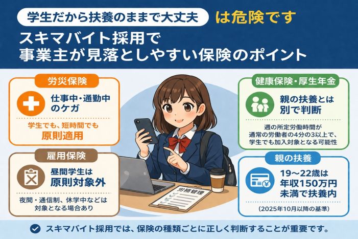 スキマバイトの保険（労災・雇用保険・社会保険・扶養）の違いを解説する図