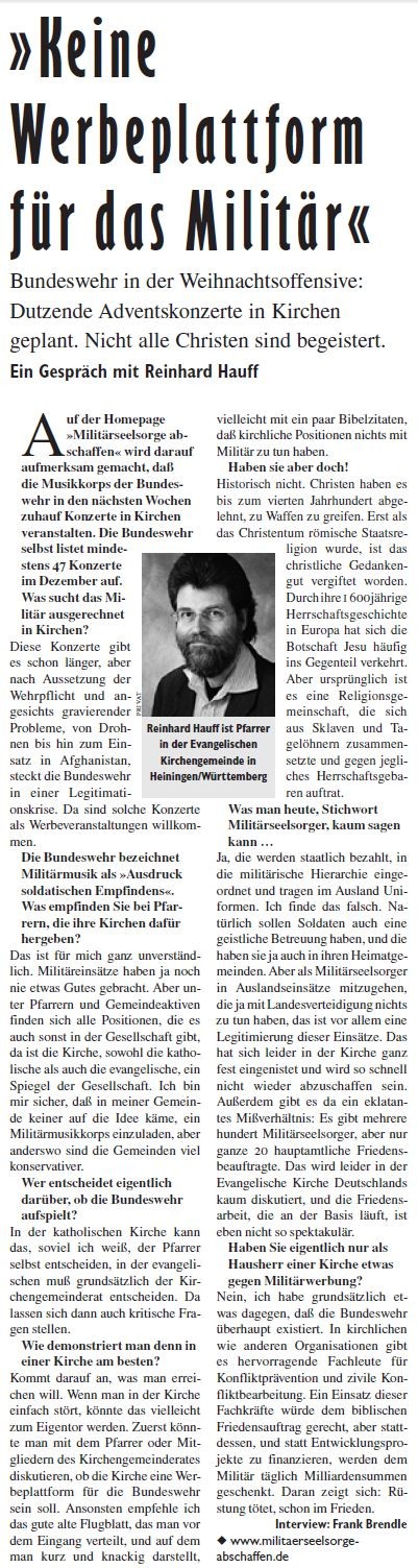 Pfarrer Reinhard Hauff, aus Heiningen bei Göppingen, gegen Militär-Musik-Konzerte in Kirchen. Interview in der Jungen Welt 2013.