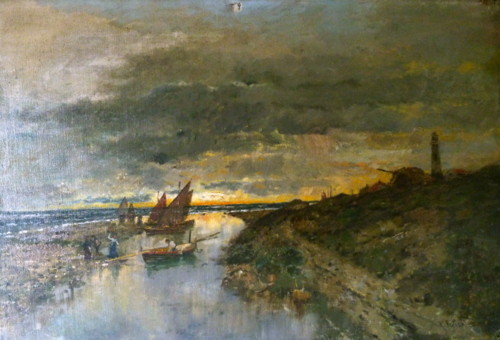 Karl HEFFNER (1849-1925), "Abend bei Cuxhaven", Öl/Lwd, re u. sign. K . Heffner, rückseitig Klebeetikett m. Bildtitel u. Künstlerangabe, 40 x 61 cm
