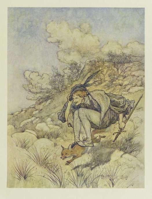 Brata Grimm sta v vlogo pomočnika najmlajšega izmed sinov postavila lisjaka (ilustracija Arthur Rackham)