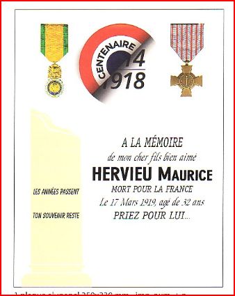 Nouvelle plaque mortuaire installée sur la tombe le 17 mars 2019 pour le Centième Anniversaire de la mort du Soldat HERVIEU. Paix à son âme.