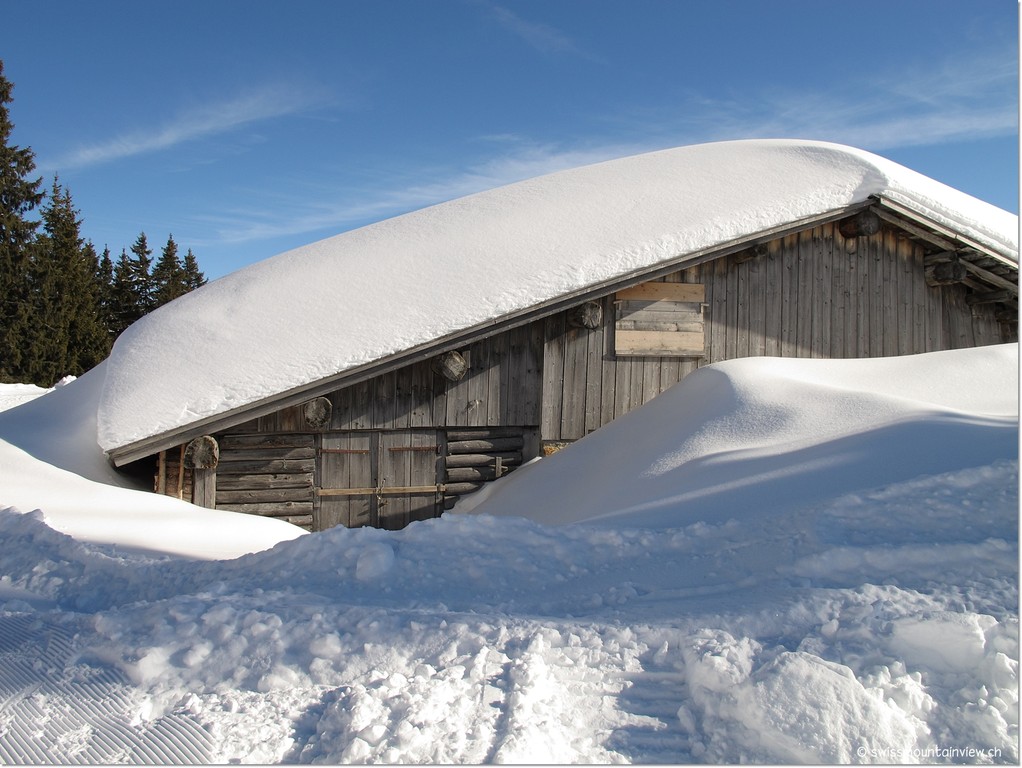 Eingeschneite Alphütte in der Chüematte.