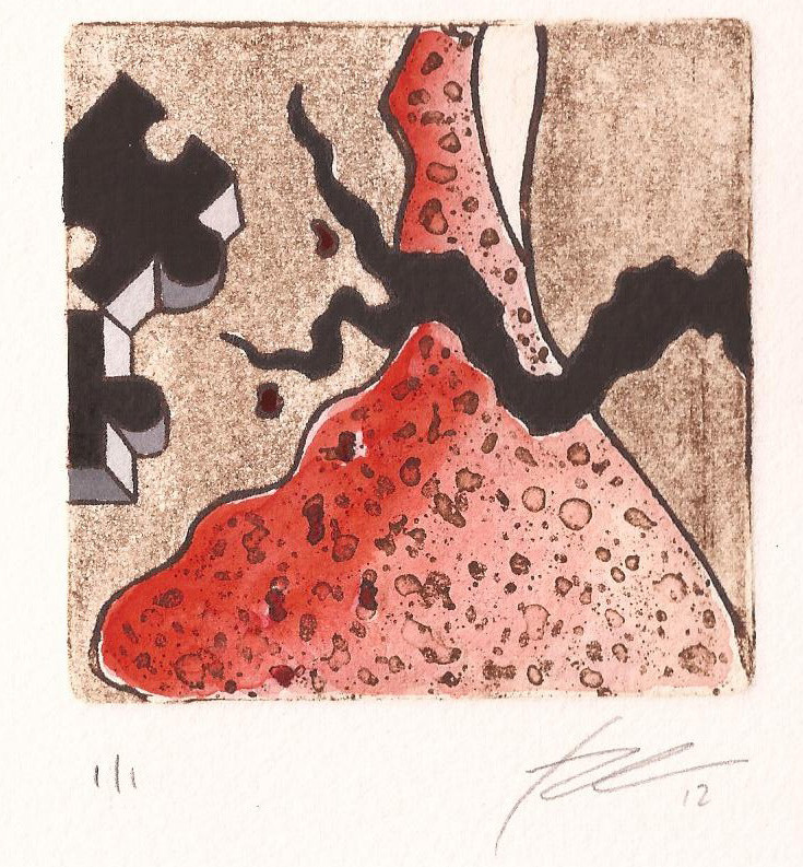 The flower and the tea_ intaglio with watercolor _ 7,5 x 7,5 cm_2012