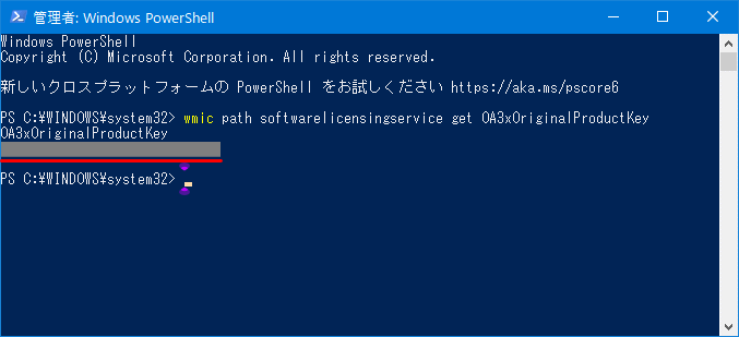 blog_prodkey03：PCにプロダクトキーが存在している場合は25桁の英数字が表示される