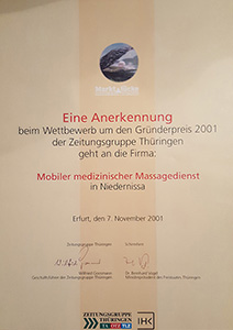 Gründerpreis 2001 -verliehen von der ZGT Thüringen