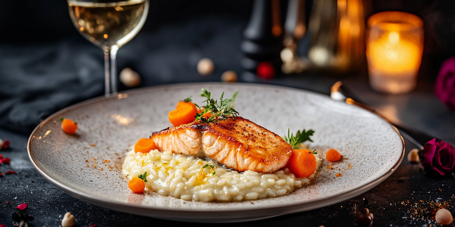 Valentinstags-Rezept: Zartes Lachsfilet auf Zitronen-Risotto mit karamellisierten Karotten