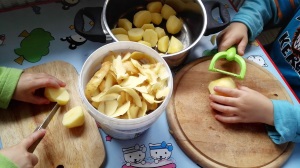 Ein 3jähriger und ein 5jähriger bereiten Kartoffeln vor.
