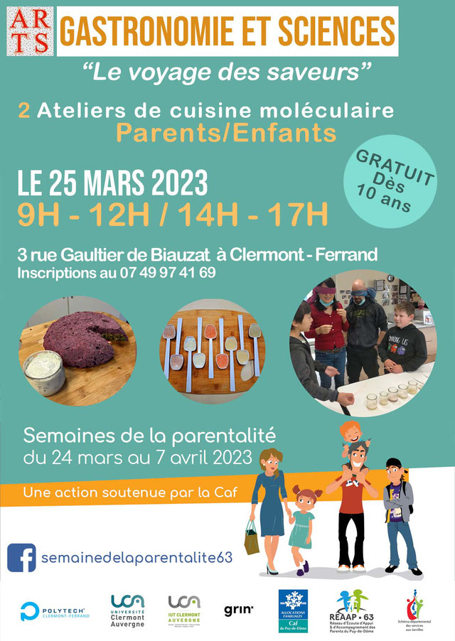 "Gastronomie et Sciences, le voyage des saveurs", semaine de la parentalité 63, le 25 mars 2023 à Clermont-Ferrand.