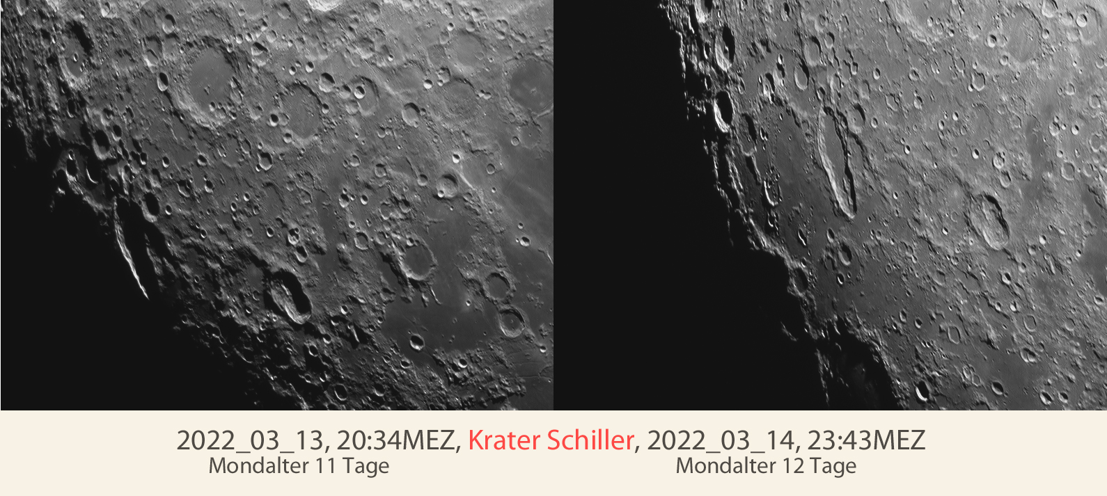 Krater Schiller an zwei aufeinander folgenden Tagen