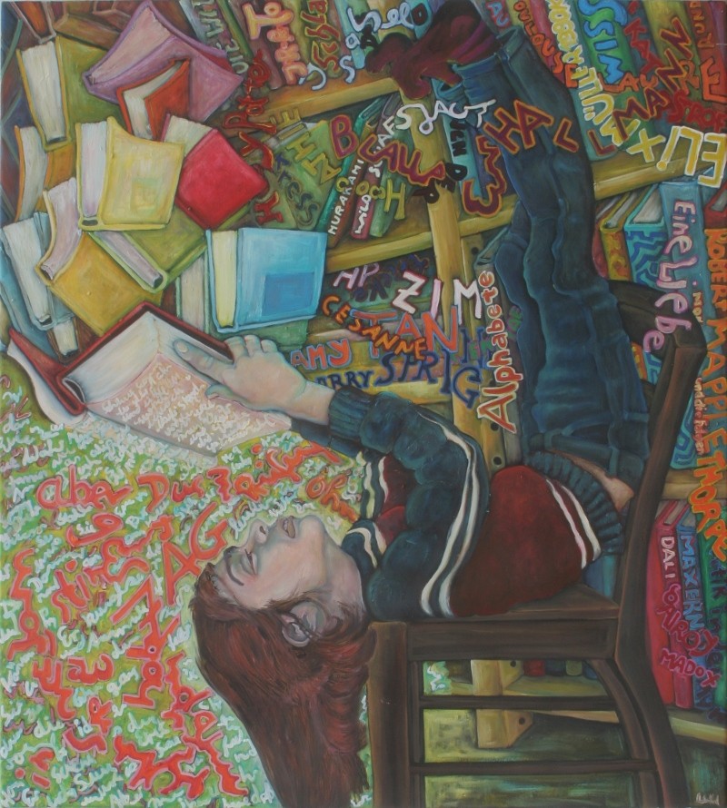 Bücherwurm · 2010, Acryl, Öl auf Nessel, 95 x 85 cm