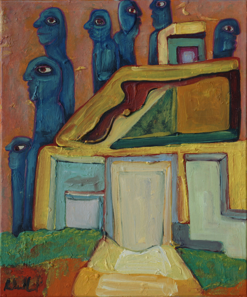 Blaumänner · 2013, Acryl, Öl auf Pappe, 20 x 16 cm