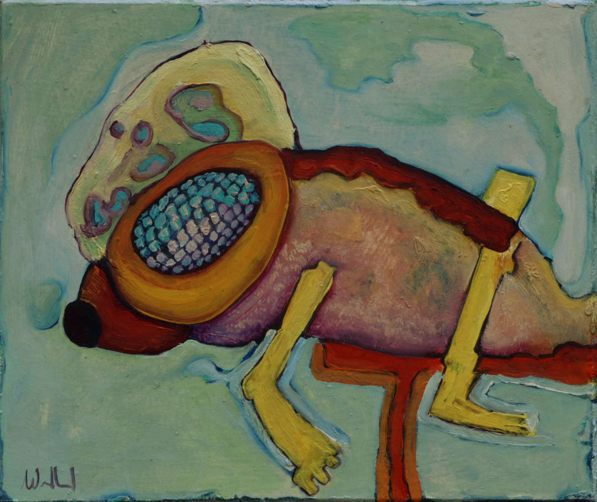 Fischfliege · 2013, Acryl, Öl auf Pappe, 20 x 16 cm