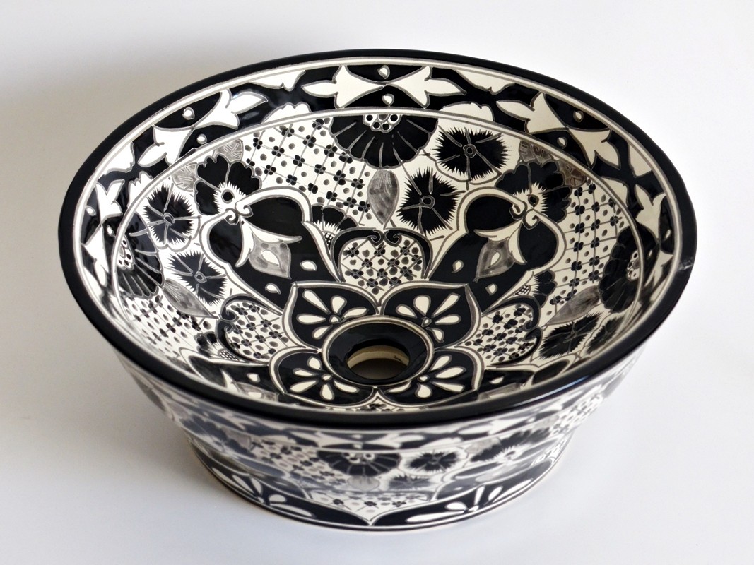 Santiago - Wunderschönes Aufsatzwaschbecken in Schwarz-Weiß aus mexikanischer Keramik