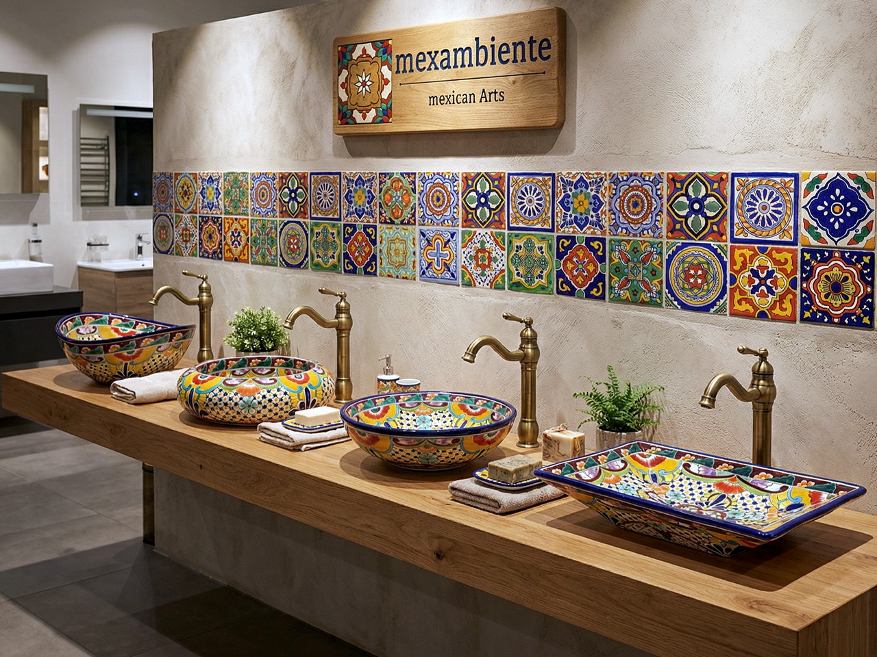 Bunte mexikanische Fliesen und Waschbecken aus Talavera Keramik 