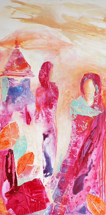 Frauen von Bhaktapur I, je 100 x 50 cm, 2021, Mischtechnik - Caroline Baum