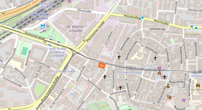 Stadtplan für die Wegbeschreibung zum OMEGA Zentrum, Pfinztalstraße 73, 76227 Karlsruhe-Durlach