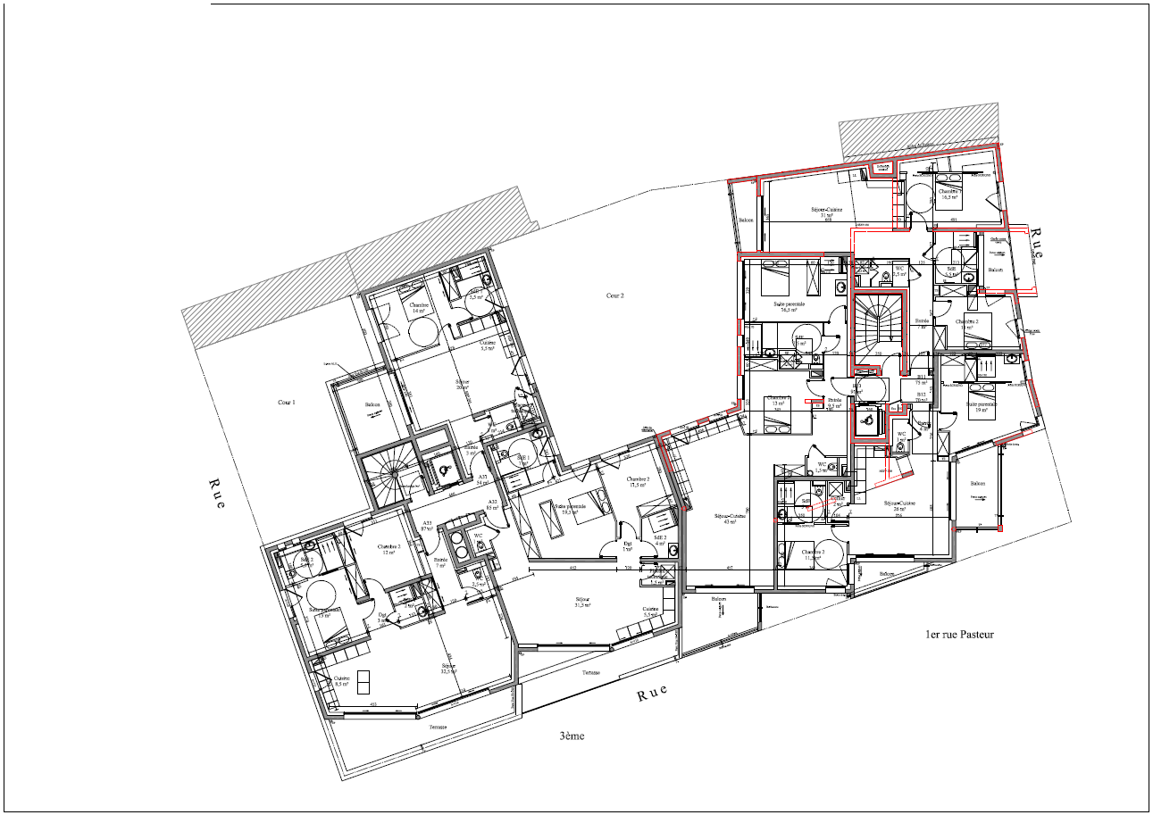 Plan vue de dessus - partie 1 en R+3 et partie 2 en R+1